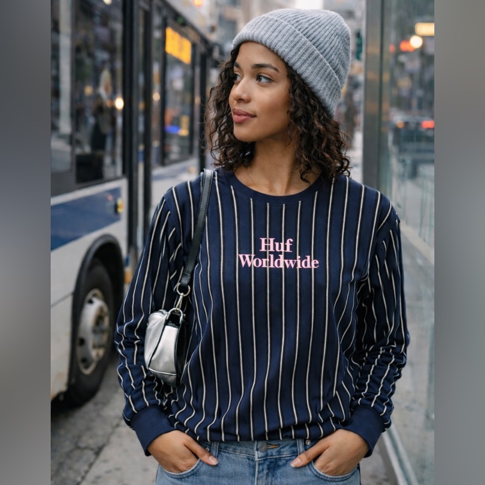 HUF Worldwide Navy Stripe Long Sleeve Streetwear Tee | Small